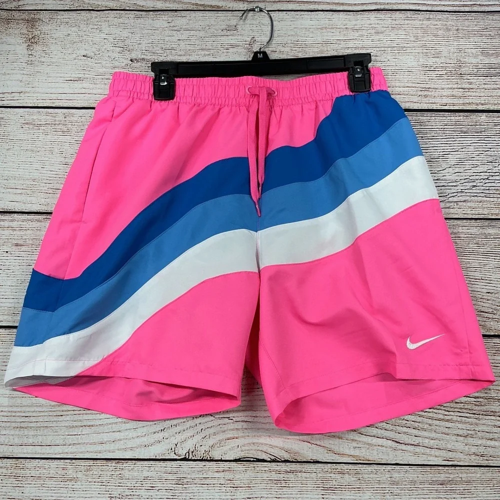 Nike Swim Breaker Brief Lined Trunks Men Medium Pink Blue Striped New With Tags